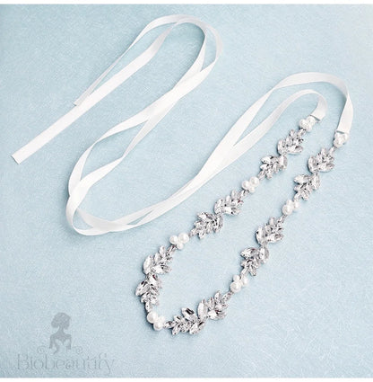 Katrina Silver Pearl Crystal Bridal Sash