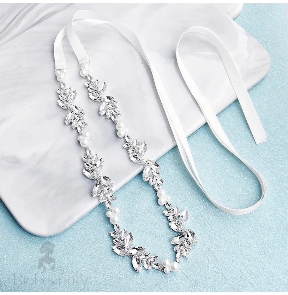 Katrina Silver Pearl Crystal Bridal Sash