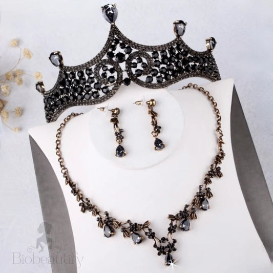 Wedding Jewelry and Accessories - Victorian Gothic Black Bridal 3-Piece Jewelry Set With Tiara