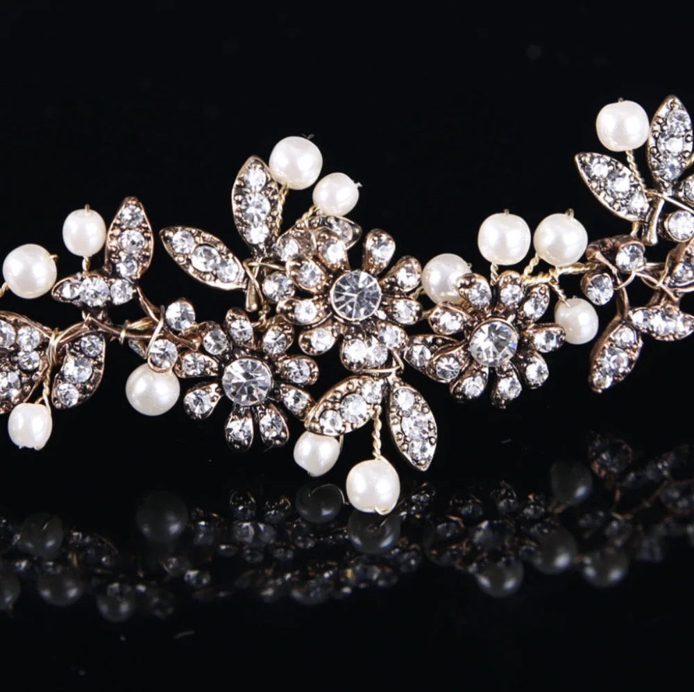 Kelly Vintage Gold Pearl Crystal Bridal Headband