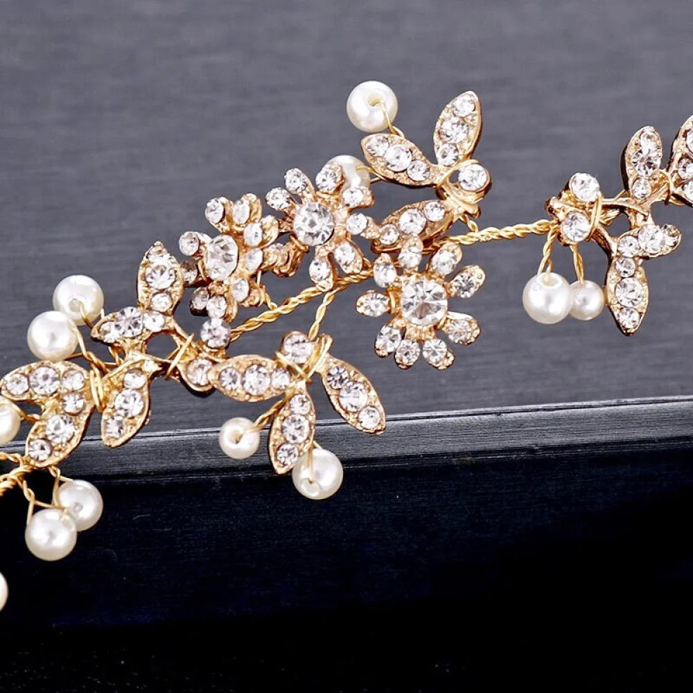 Kelly Vintage Gold Pearl Crystal Bridal Headband