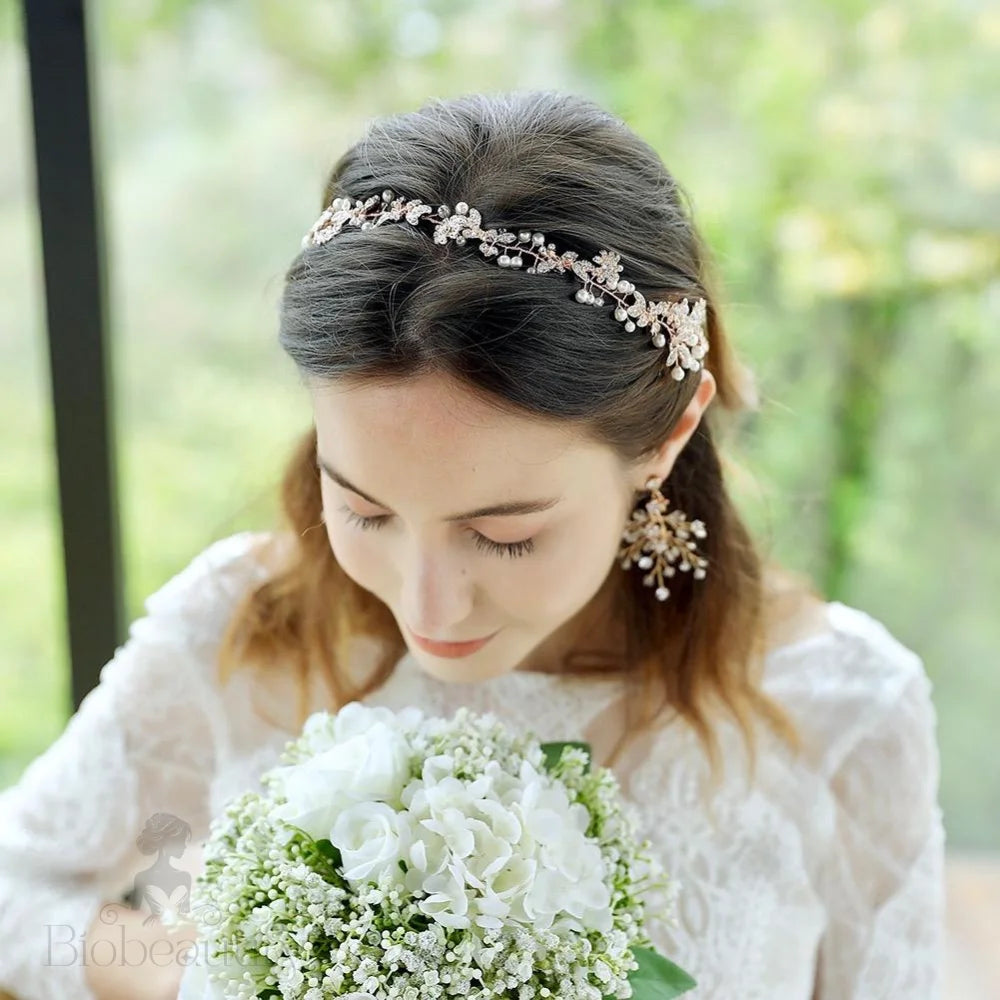 Kelly Vintage Gold Pearl Crystal Bridal Headband