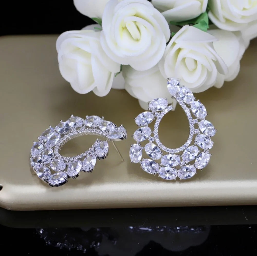 Wedding Jewelry - Silver Cubic Zirconia Bridal Earrings