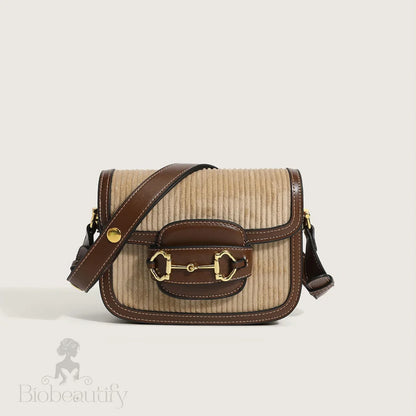 Khaki Textured Velvet Shoulder Bag With Suspender Strap And Flap Front