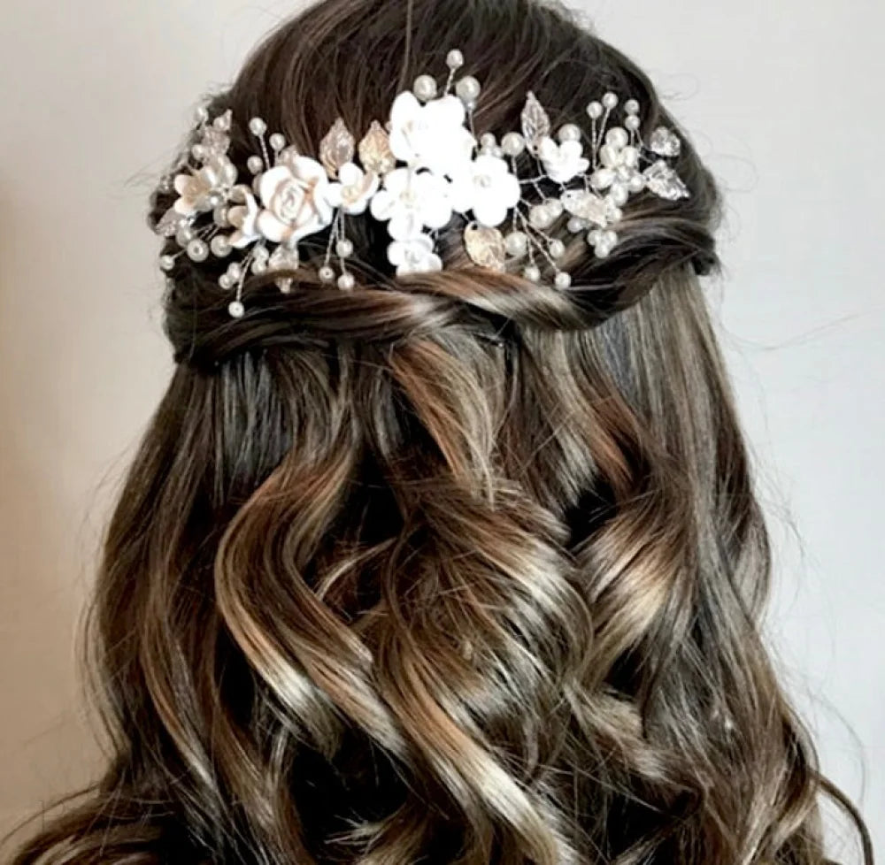 Khalia Pearl And Ceramic Floral Bridal Hair Vine