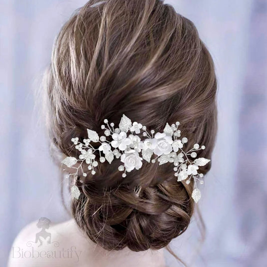 Khalia Pearl And Ceramic Floral Bridal Hair Vine