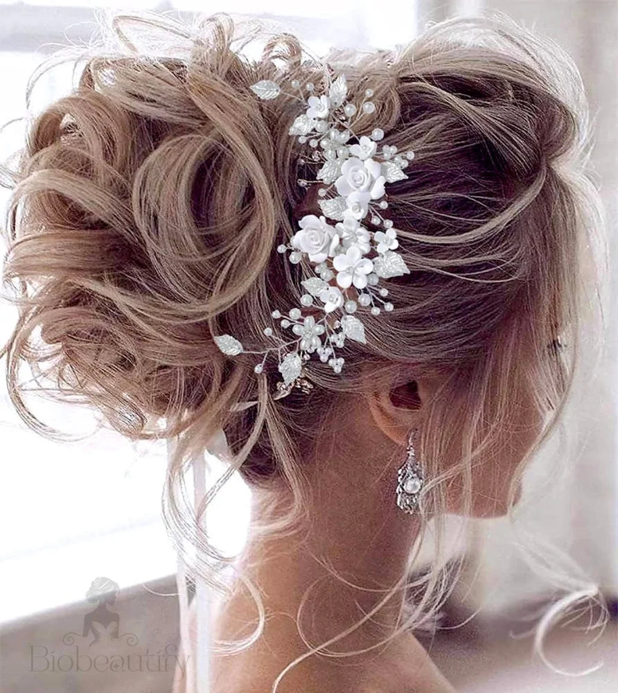 Khalia Pearl And Ceramic Floral Bridal Hair Vine