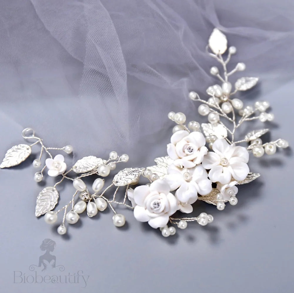 Khalia Pearl And Ceramic Floral Bridal Hair Vine