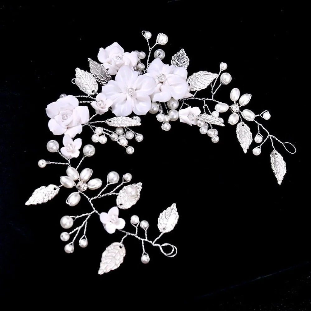 Khalia Pearl And Ceramic Floral Bridal Hair Vine