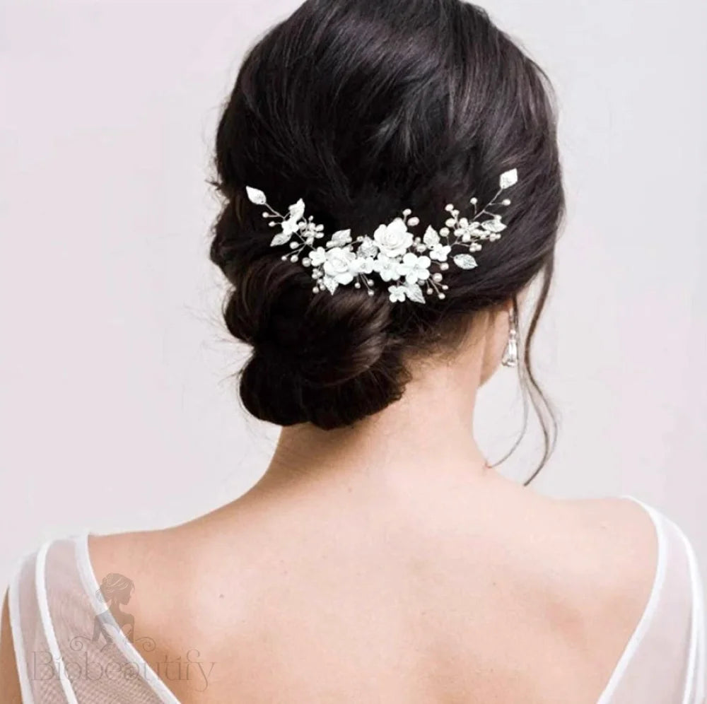 Khalia Pearl And Ceramic Floral Bridal Hair Vine