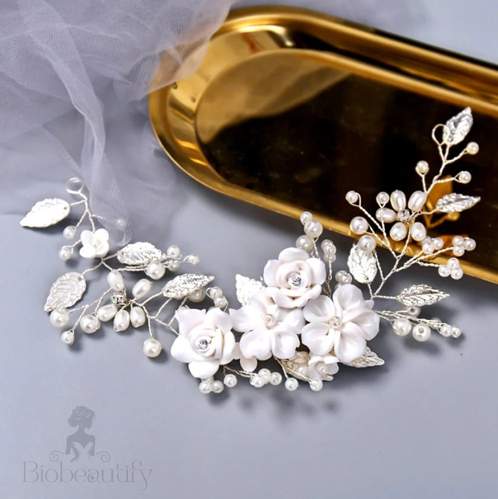 Khalia Pearl And Ceramic Floral Bridal Hair Vine