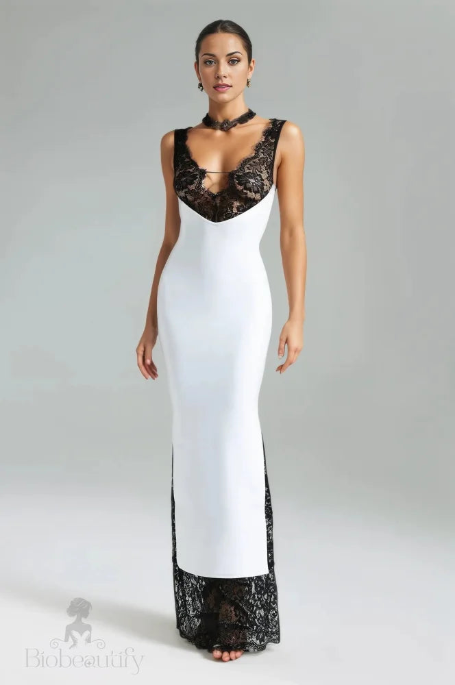 Kira Bandage V Neck Gown Dress With Lace Details White / Xs