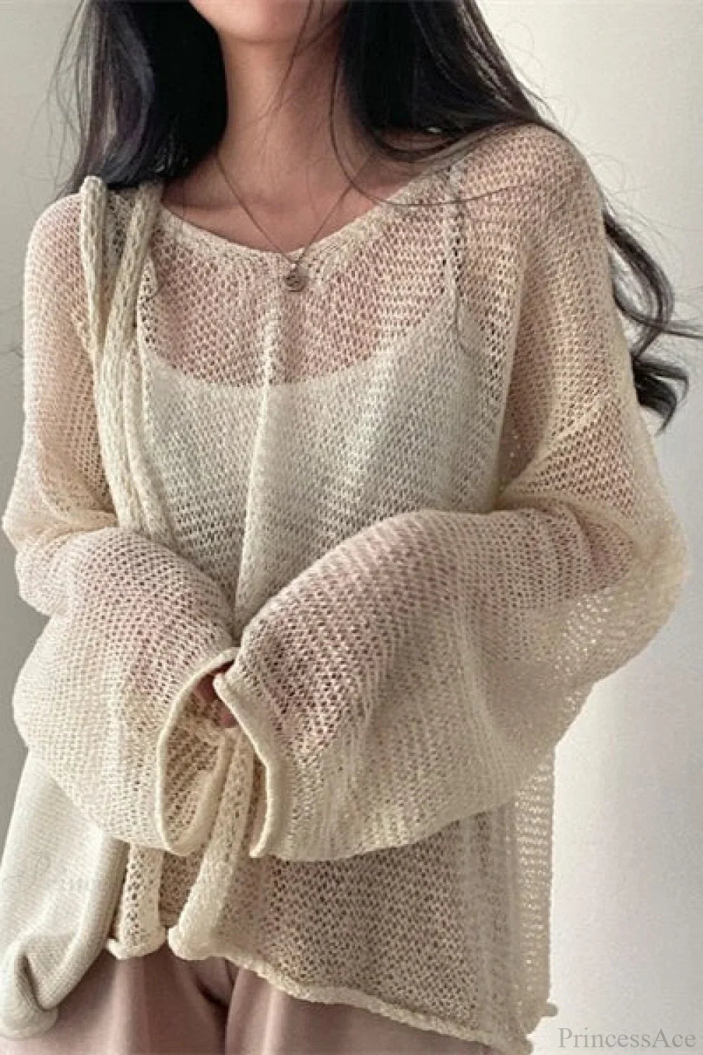 Knitted Openwork Loose Long Sleeve Chic Blouse Apricot / One size
