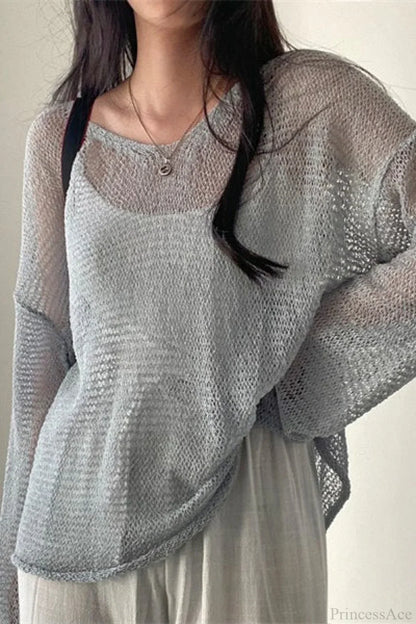 Knitted Openwork Loose Long Sleeve Chic Blouse Gray blue / One size
