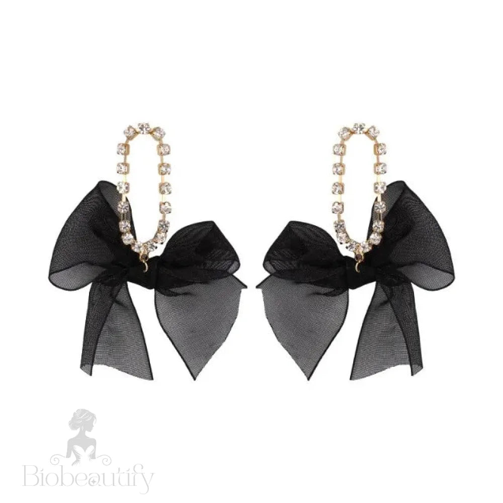 Korean Dangle Drop Earrings Black Tulle Yarn Rhinestone Bow Knot Kawaii Fashion Jewelry For Women