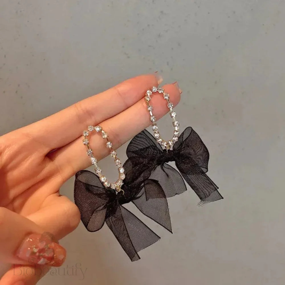 Korean Dangle Drop Earrings Black Tulle Yarn Rhinestone Bow Knot Kawaii Fashion Jewelry For Women