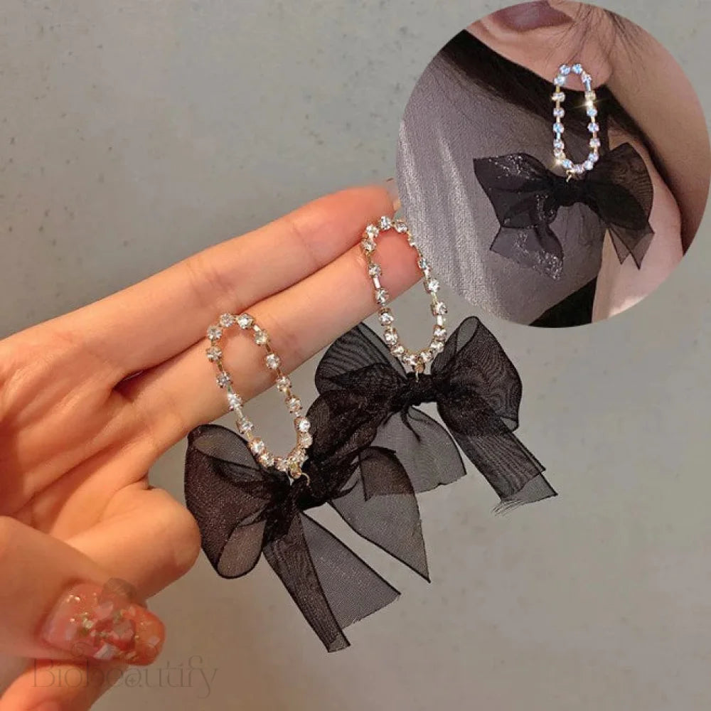 Korean Dangle Drop Earrings Black Tulle Yarn Rhinestone Bow Knot Kawaii Fashion Jewelry For Women