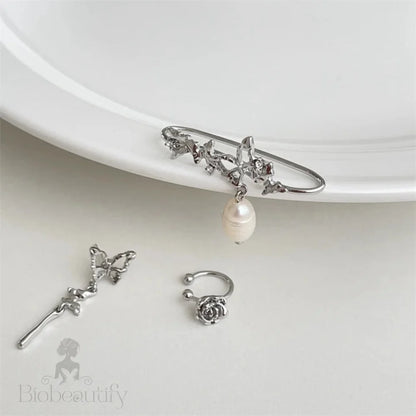 Korean Delicate Zircon Butterfly Clip Earrings For Women Elegant Pearl No Piercing Cartilage