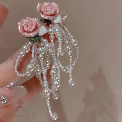 Korean Fashion Pink Flower Pearl Tassel Earrings For Women Luxury Fairy Jewelry