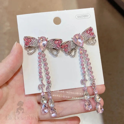 Korean Luxury Elegant Pink Crystal Bowknot Drop Earrings For Women And Girls Fashion Rhinestone