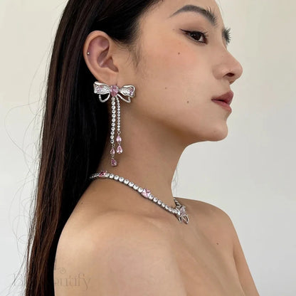 Korean Luxury Elegant Pink Crystal Bowknot Drop Earrings For Women And Girls Fashion Rhinestone