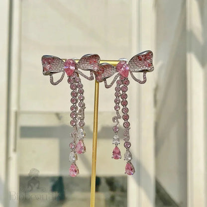 Korean Luxury Elegant Pink Crystal Bowknot Drop Earrings For Women And Girls Fashion Rhinestone