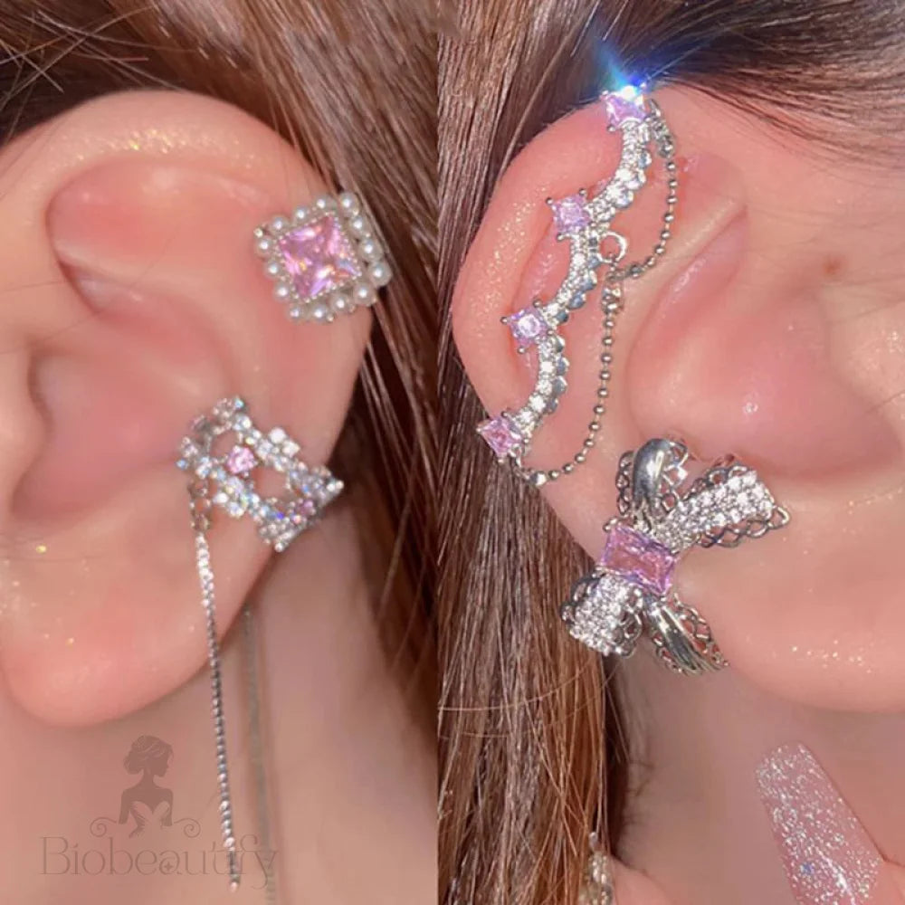 Korean Pink Crystal Bowknot Clip Earrings For Women Elegant Pearl Zircon No Piercing Cartilage