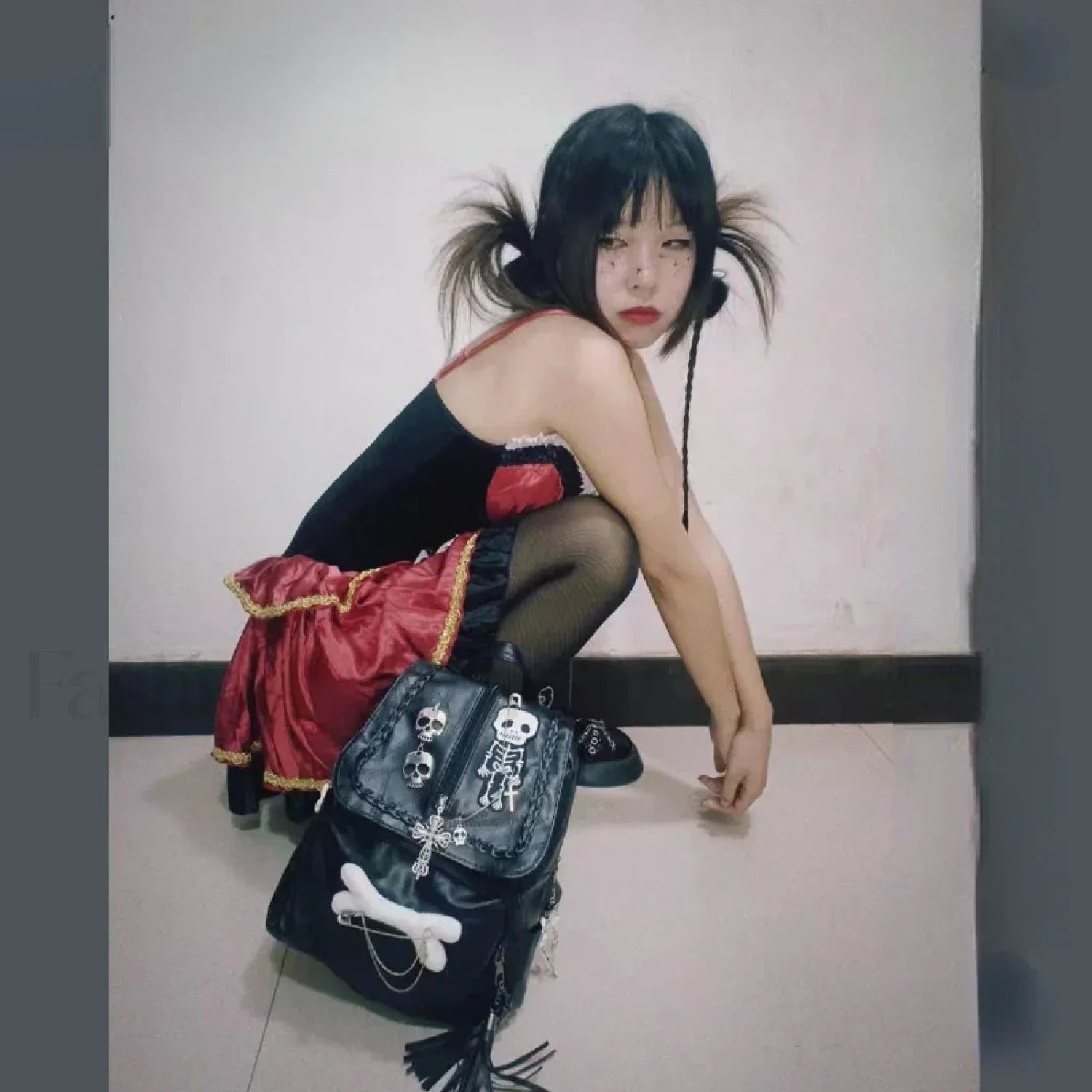 Korean Skull Aesthetic Cross Girls Cool Sweet Punk Vintage Y2K Bag Black