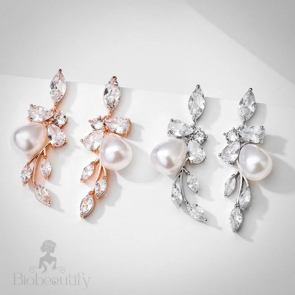 Kyndra Pearl And Cz Bridal Earrings - Rose Gold Silver Options Available