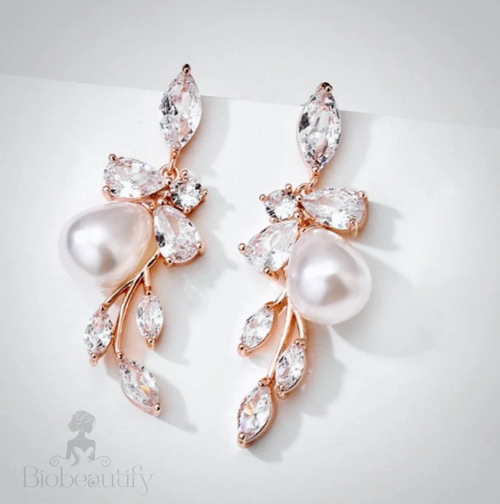 Wedding Jewelry - Pearl and Cubic Zirconia Bridal Earrings - Available in Rose Gold and Silver