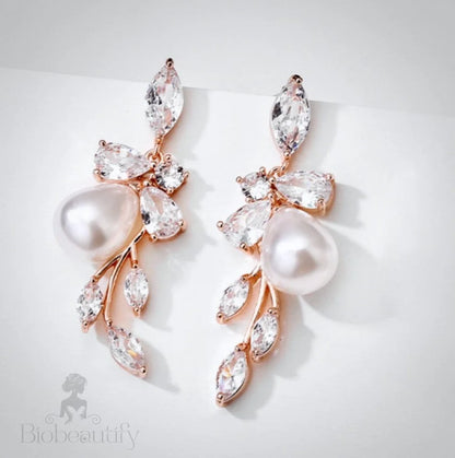 Wedding Jewelry - Pearl and Cubic Zirconia Bridal Earrings - Available in Rose Gold and Silver