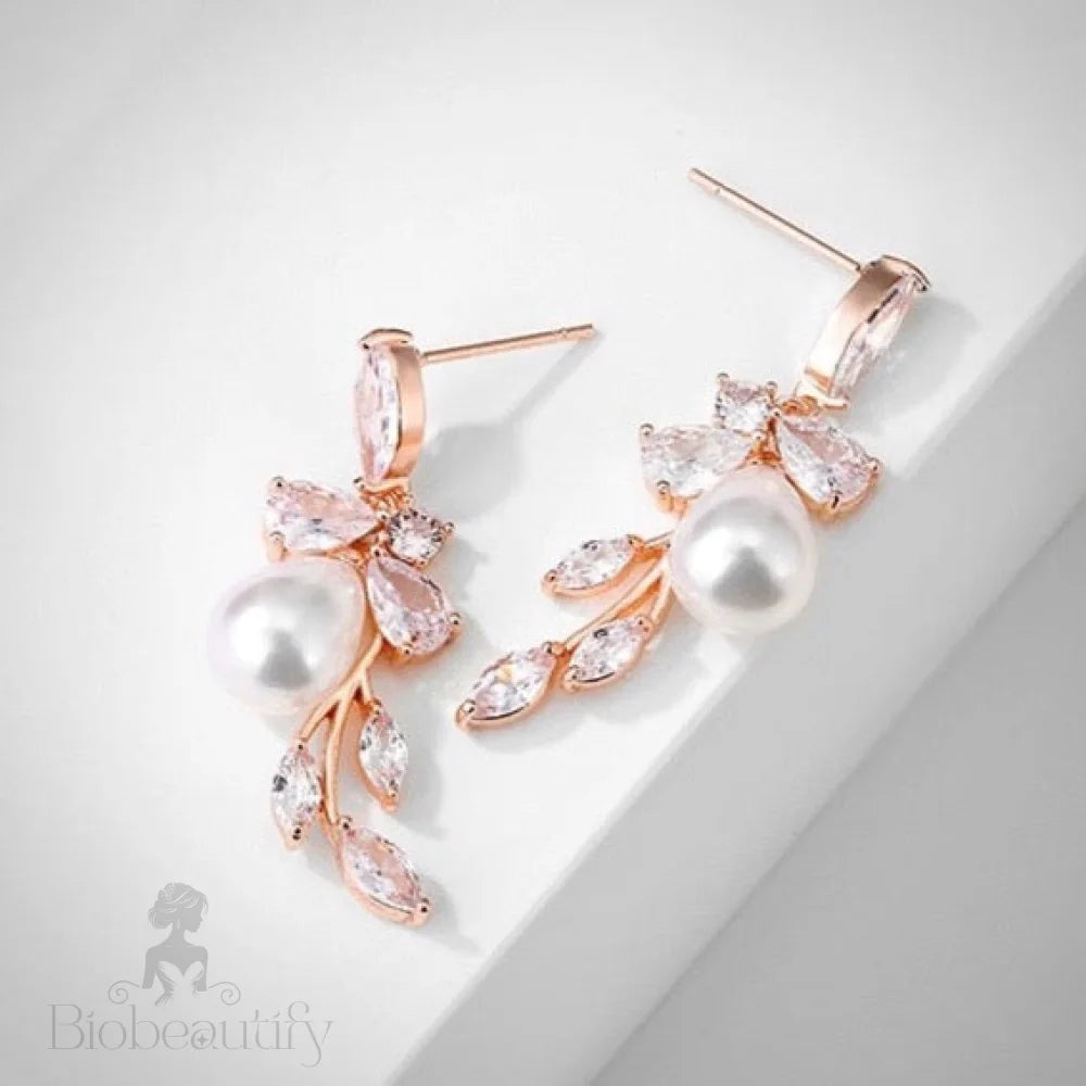 Kyndra Pearl And Cz Bridal Earrings - Rose Gold Silver Options Available