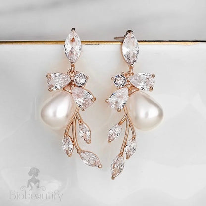 Kyndra Pearl And Cz Bridal Earrings - Rose Gold Silver Options Available