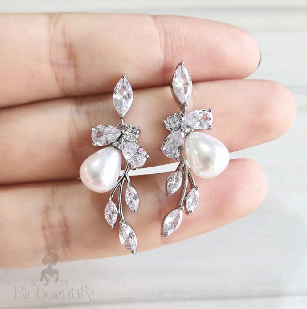 Kyndra Pearl And Cz Bridal Earrings - Rose Gold Silver Options Available