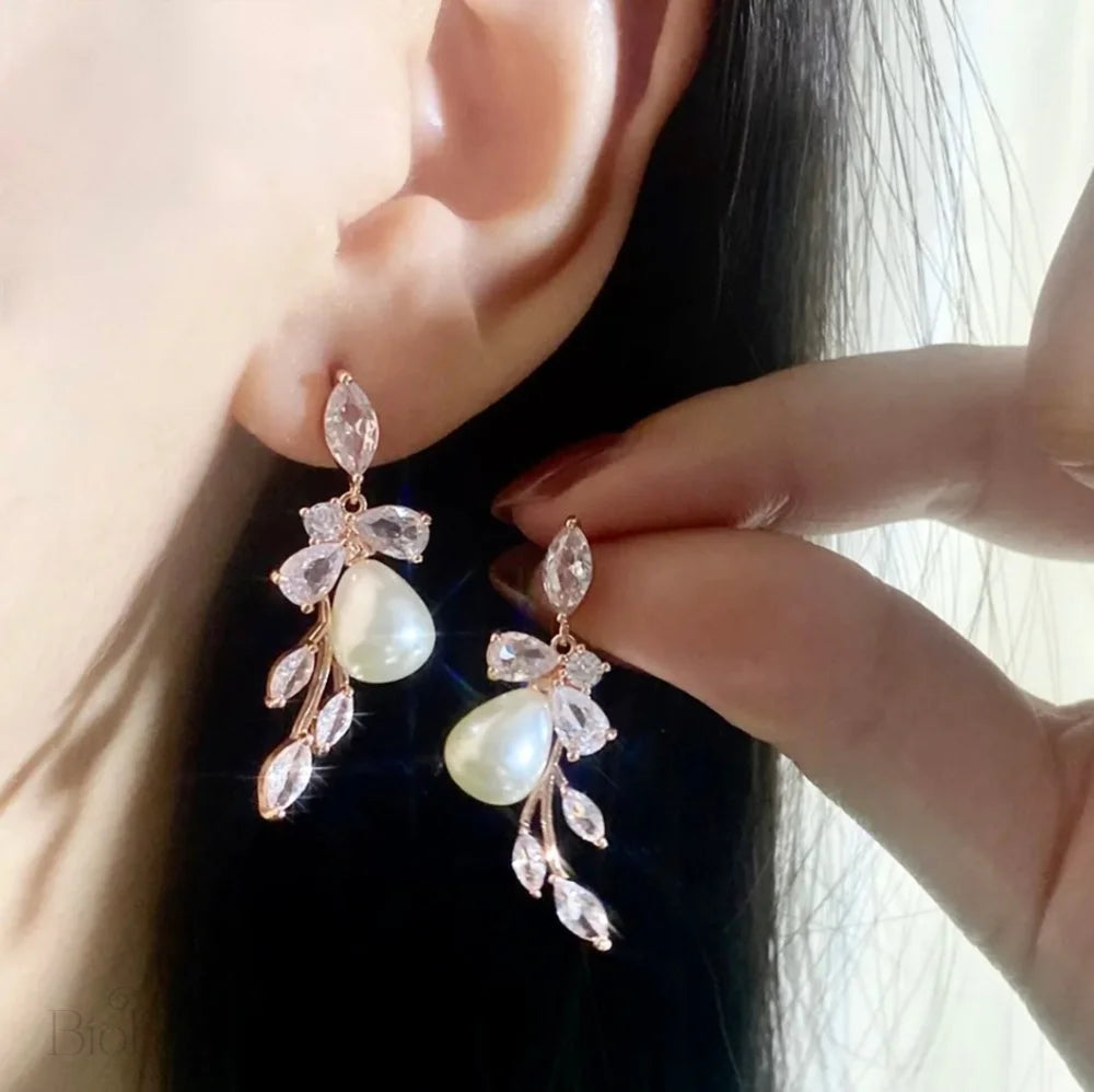 Kyndra Pearl And Cz Bridal Earrings - Rose Gold Silver Options Available