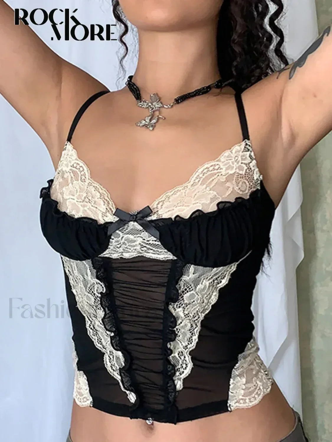 Lace Corset Stitching Mesh Gothic Crop Top Black / S
