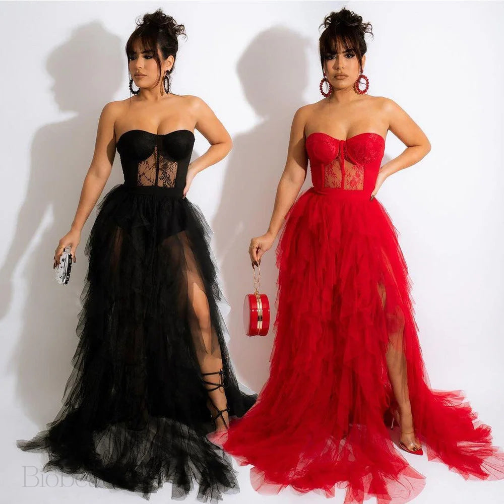 Lace Corset Tulle Dress With Strapless Design And Slit