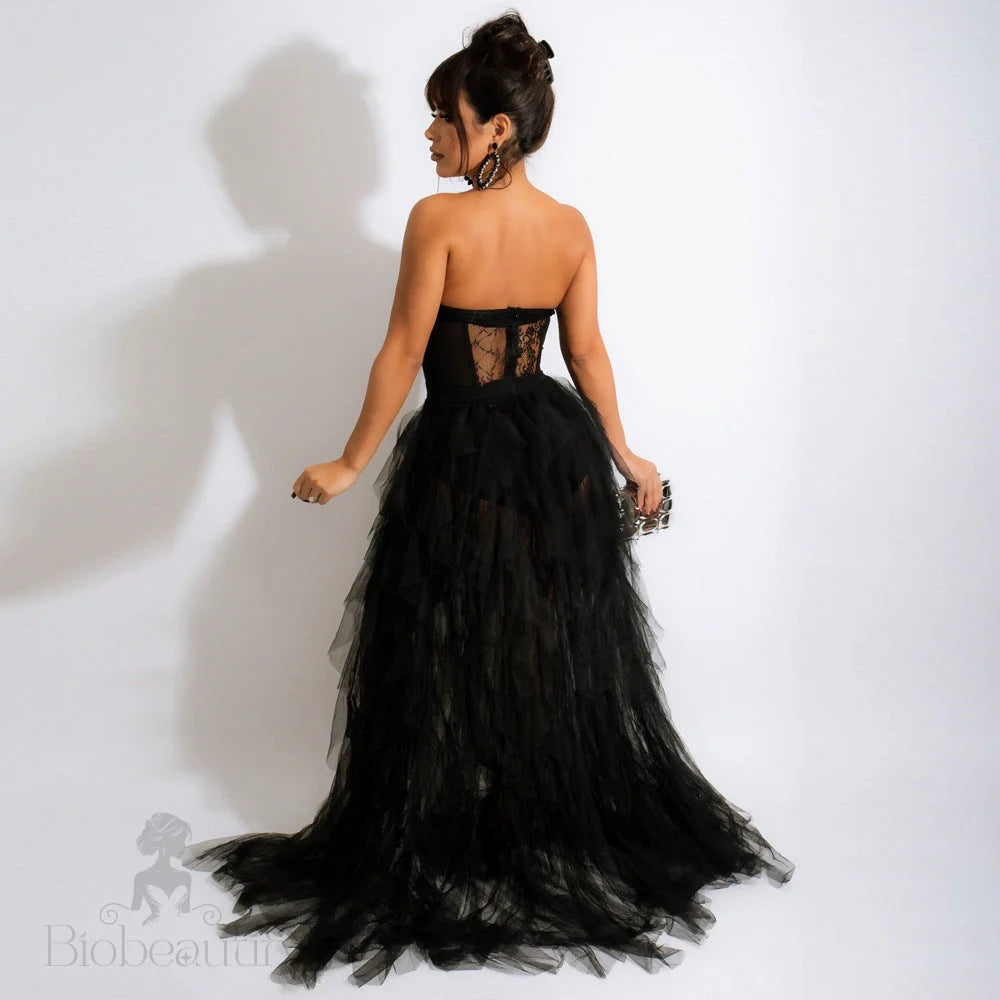 Lace Corset Tulle Dress With Strapless Design And Slit