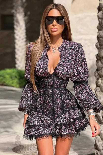 Lace Print V-Neck High Waist Slim Fit Mini Dress