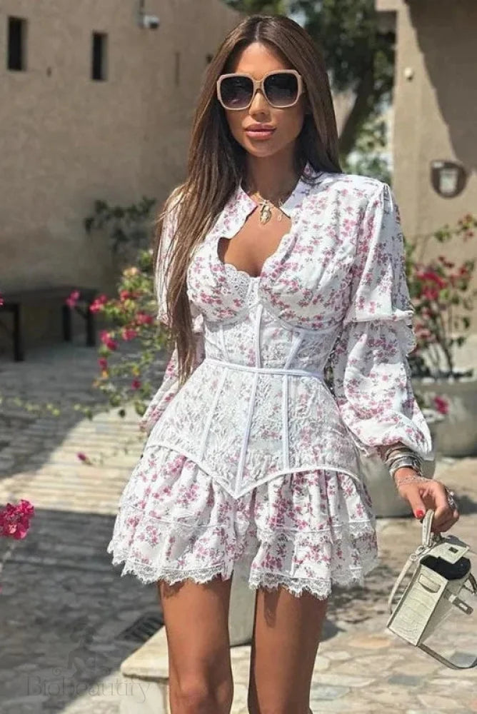 Lace Print V-Neck High Waist Slim Fit Mini Dress