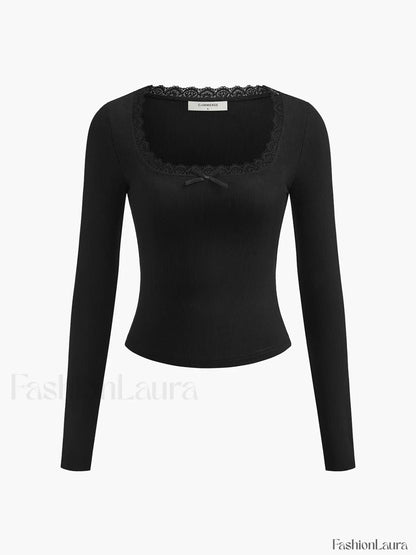 Lace Trim Long Sleeve Crop Top T Shirts