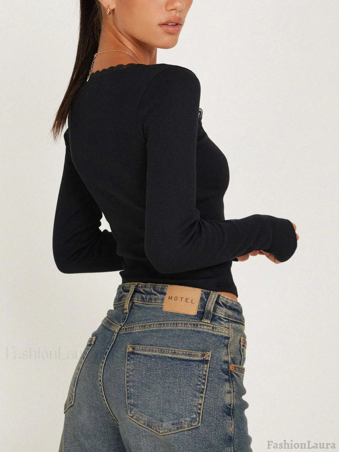 Lace Trim Long Sleeve Crop Top T Shirts