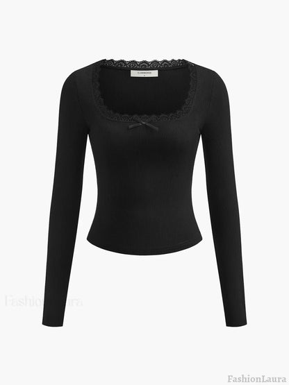 Lace Trim Long Sleeve Crop Top T Shirts