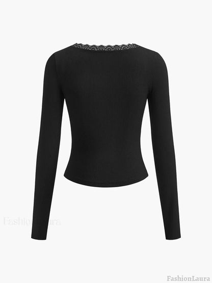 Lace Trim Long Sleeve Crop Top T Shirts