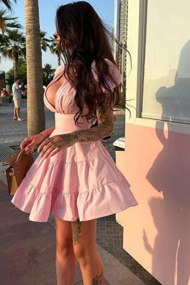 Lace Up High Waist Puff Sleeve A-Line Mini Dress