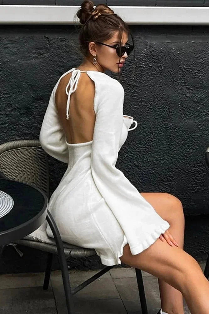 Lace-Up Long Sleeve Mini Dress With High Waist