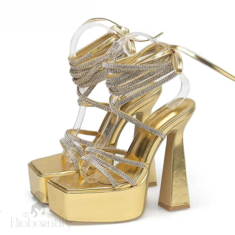 Lace-Up Platform Sandals With Open Toe And High Heels For Women Gold / 35