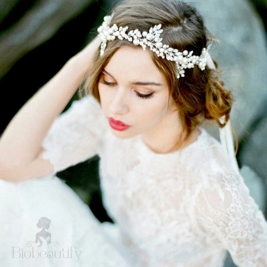 Larissa Silver Pearl Crystal Bridal Headband