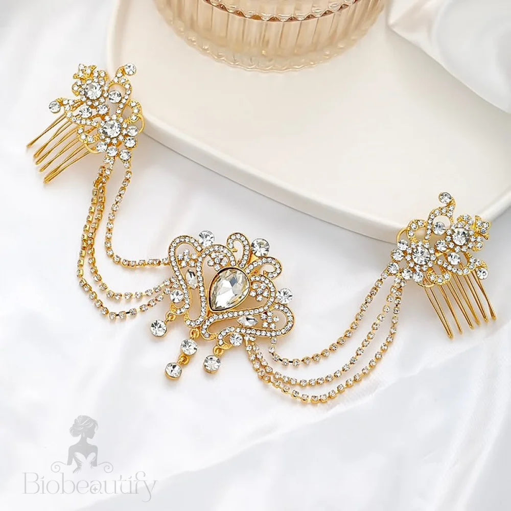 Wedding Hair Accessories - Art Deco Style Crystal Bridal Hair Drape - Available in Yellow Gold