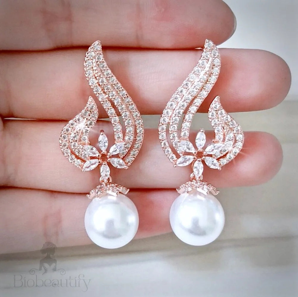 Lavinia Pearl And Cubic Zirconia Bridal Earrings Silver Rose Gold Yellow Available